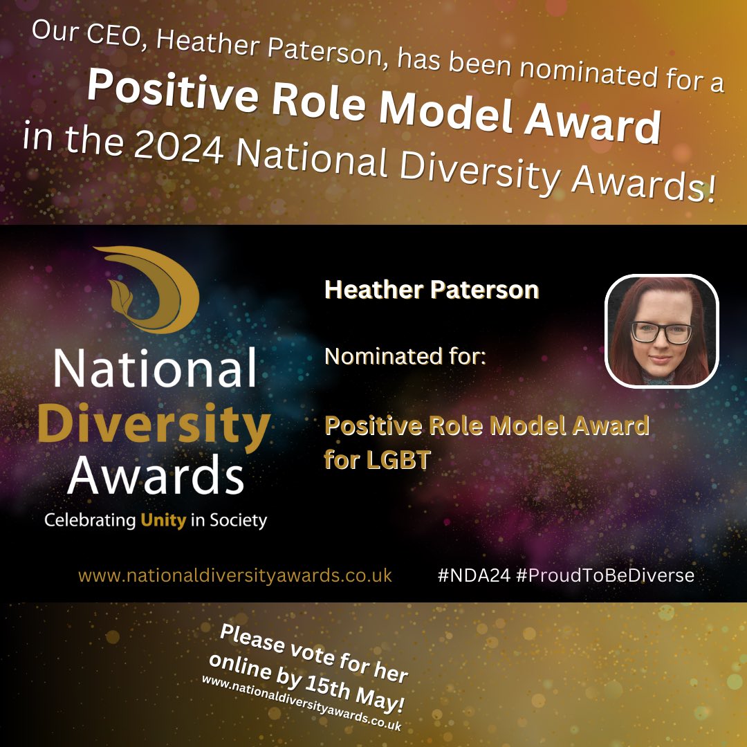 Heather Paterson, our CEO, has been nominated in the 2024 National Diversity Awards! 🌈 Positive Role Model for LGBT Award 🏅 🗳️ Please vote for her by 15th May! 🏳️‍🌈 nationaldiversityawards.co.uk/awards-2024/no… #NDA24 #ProudToBeDiverse