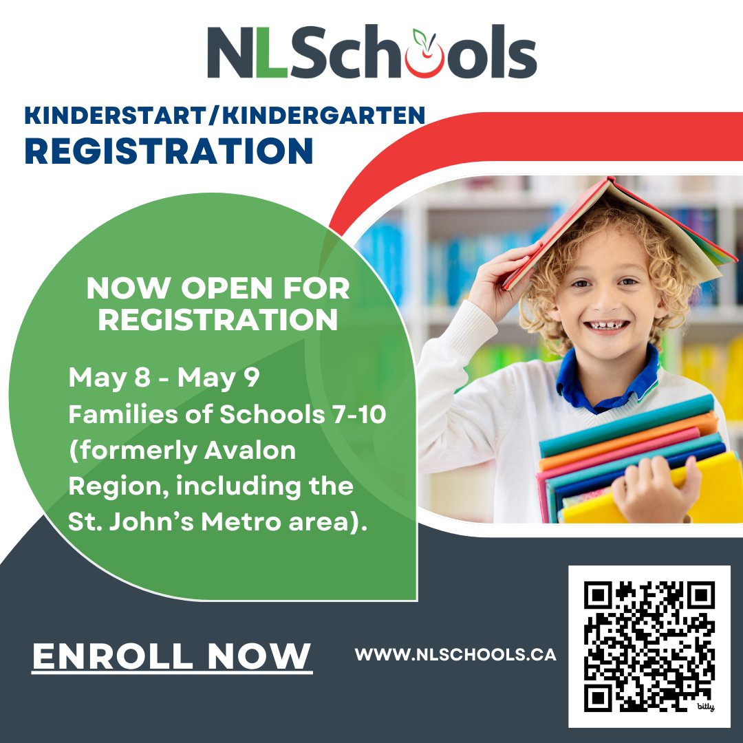 Registration for KinderStart (Sept 2024)/Kindergarten (Sept 2025) for Families of Schools 7-10 (formerly Avalon Region, including the St. John’s Metro area) is now open. Tomorrow is the final day for this group to register: bit.ly/3VP6W6J