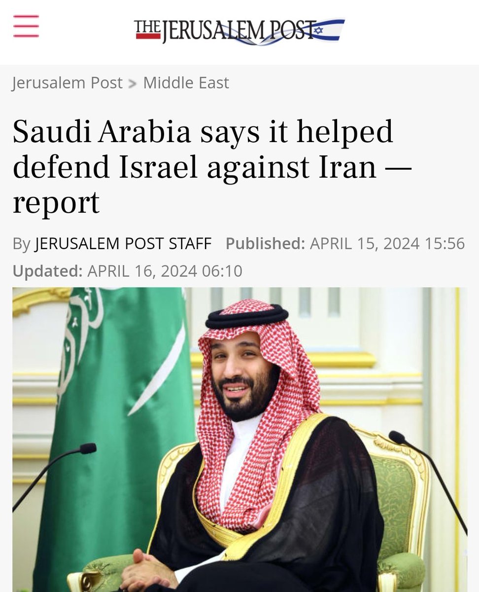 Breaking Arab Saudi hari ini mengakui bahwa mereka membantu dalam penembakan rudal Iran yang ditujukan ke Israel. Kemunafikan Nyata 👉 Warga Sipil Gaza dibantai selama 6 bulan lebih, raja-raja Arab tak bergeming sedikitpun.