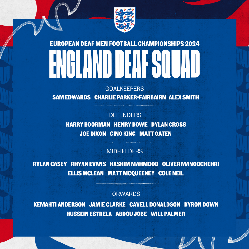 England's tweet photo. Ready for the European Deaf Men Football Championships in Türkiye 👊

Congratulations to the 23 players who have been included in the England Deaf men's squad for next month’s tournament.