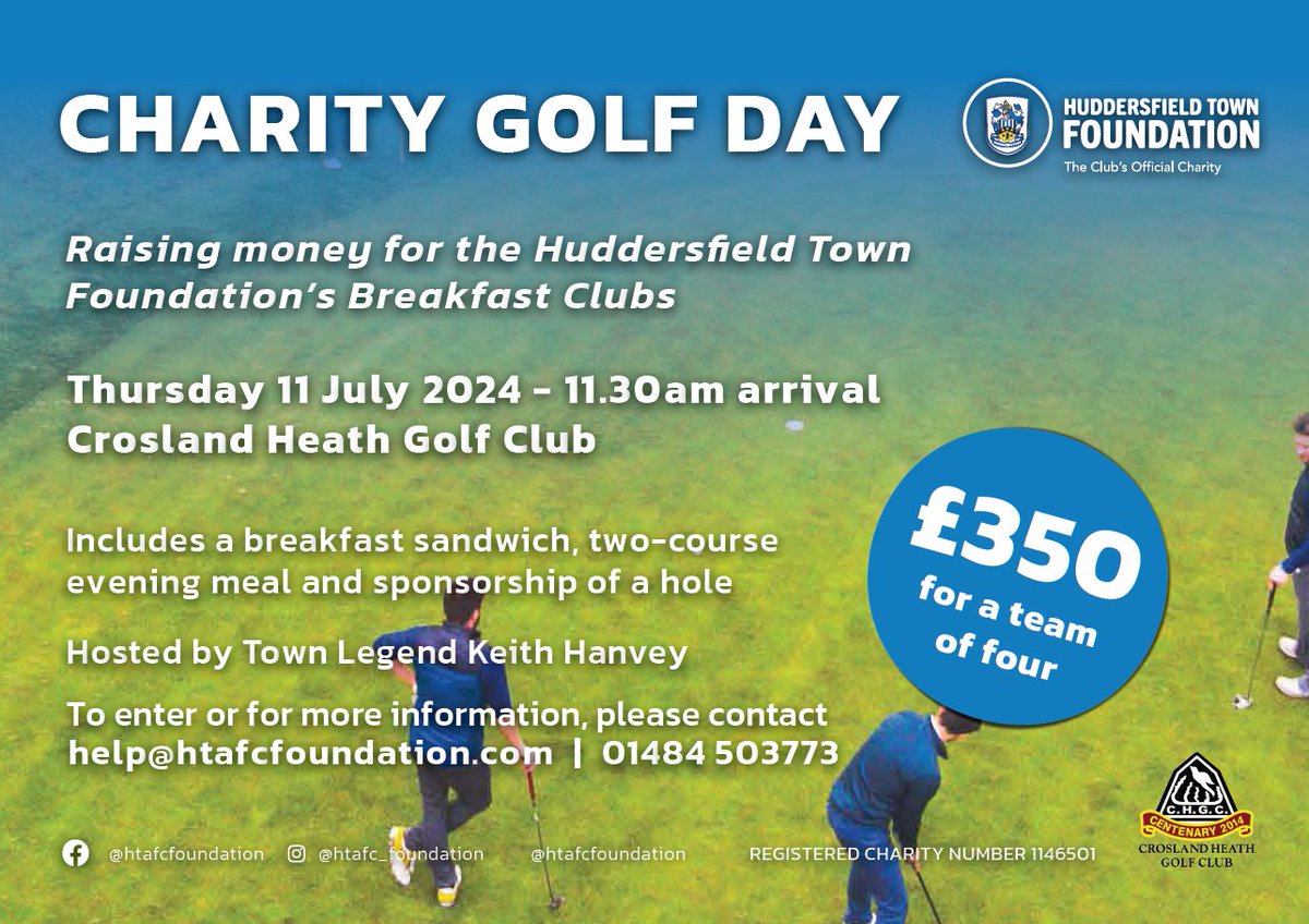 ⛳️Huddersfield Town Foundation to host Charity Golf Day ⛳️ 🚨 Join us, have a great day, support our Breakfast Clubs and sponsor a hole at @CroslandHeathGC on the 11th July. 📧 Email help@htafcfoundation.com for more information. #htafc @ExaminerHTAFC