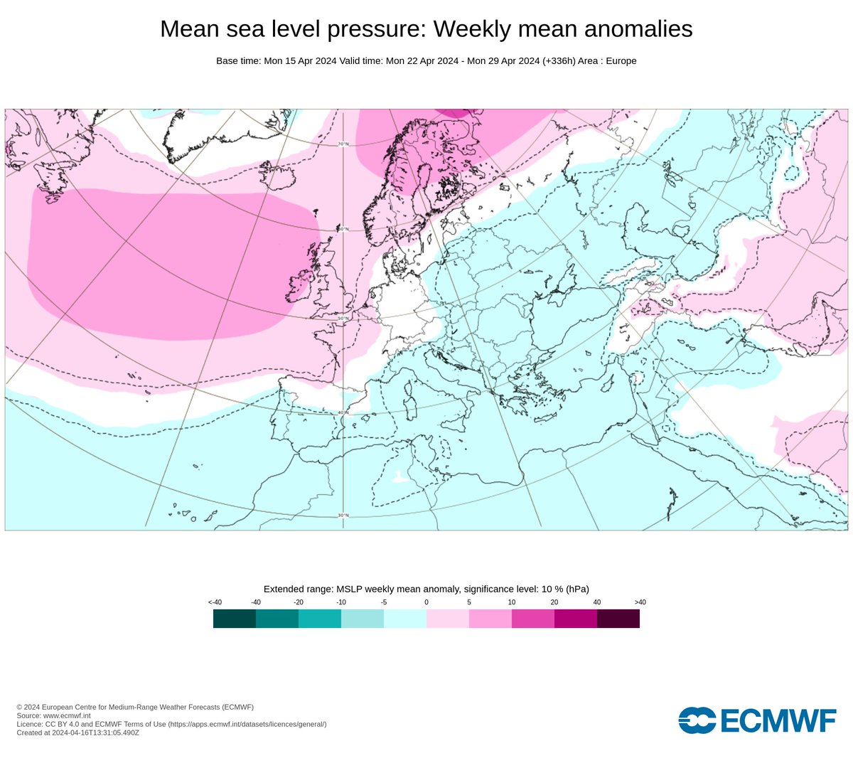 It's looking like the second half of April will be much drier than the first half. The ECMWF weekly pressure anomaly charts for this week and next show above average pressure (pink) over or close to the UK. As a result, rainfall amounts will generally be small.