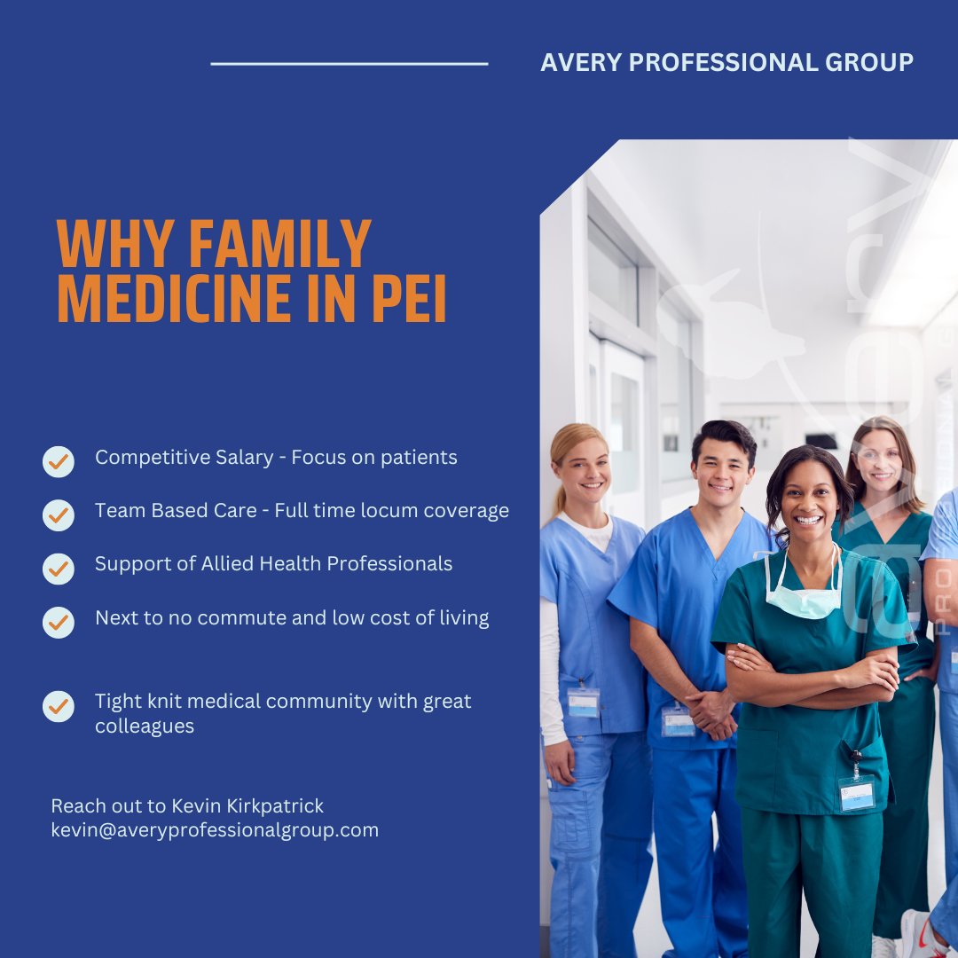 Interested in work life balance and a supportive family medicine practice? Consider PEI. If trained in the UK and completed your MRCGP, PEI is an option as well. Msg me for more information! kevin@averyprofessionalgroup.com