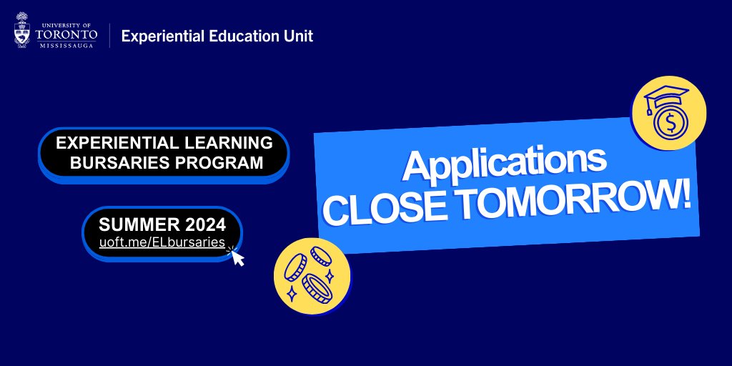 APPLICATIONS CLOSE TOMORROW (May 12th)! Happy Thursday #UTMStudents! 📣 Applications for the Experiential Learning Bursaries Program close TOMORROW, May 12th at 11:59 PM! 📣 Apply now ➡️ at uoft.me/ELbursaries #utmexperience #experiencematters