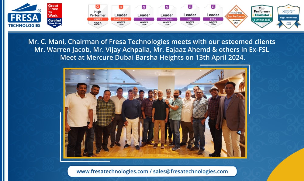 Mr. C. Mani, Chairman of Fresa Technologies meets with our esteemed clients Mr. Warren Jacob, Mr. Vijay Achpalia, Mr. Eajaaz Ahemd &amp; others in Ex-FSL Meet at Mercure Dubai Barsha Heights on 13th April 2024.

#fresa | #Mercure | #meet | #Ex_FSLMeet