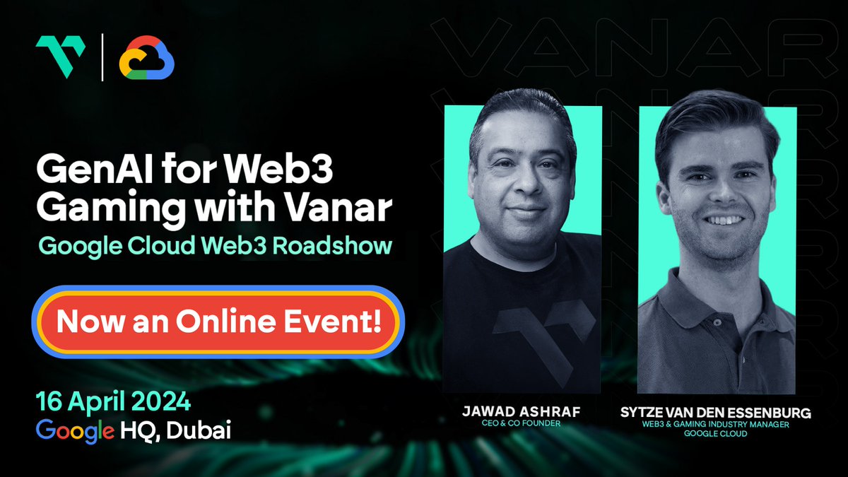 🚨 Good news for the @Vanarchain community! 👀 Due to severe weather in Dubai ⛈, the @googlecloud Web3 Roadshow will now be ONLINE! The upside? Everyone can join to hear @jawadvirtua on April 16, 2PM UTC as he discusses integrating #Google Gen #AI into Vanar's ecosystem! 🌐…