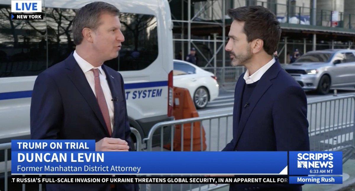 Scripps 'Morning Rush' features live interview with Duncan Levin outside the courthouse at 100 Centre Street, where jury selection in the #TrumpTrial is underway @scrippsnews