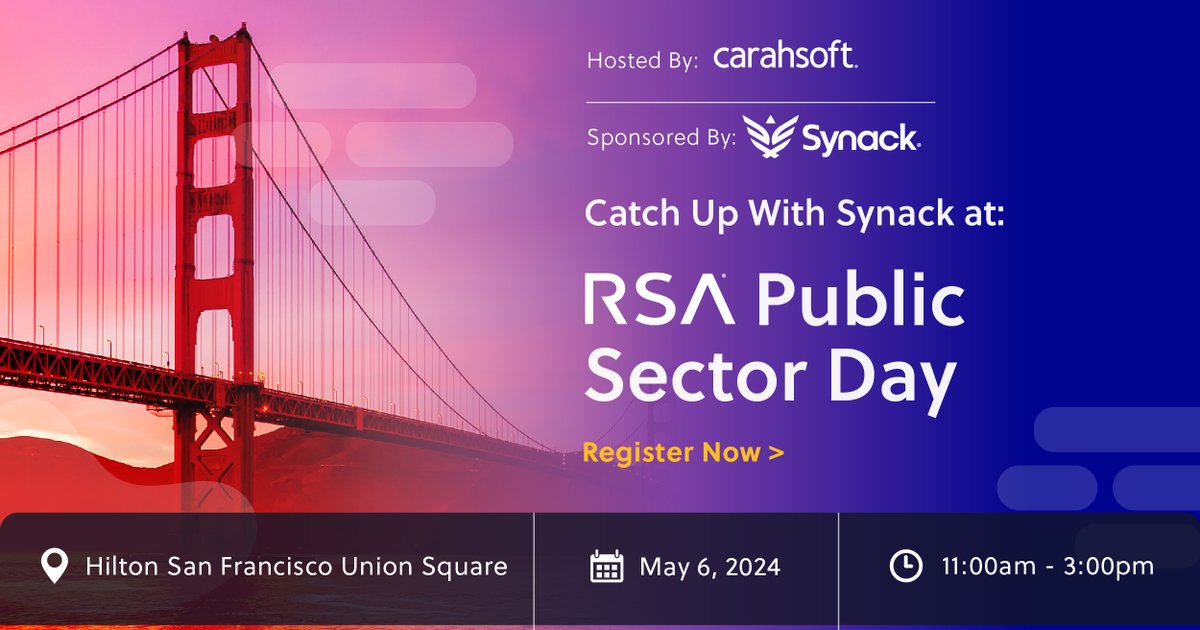 Join Synack and @Carahsoft on May 6 for lunch, networking sessions and exciting panel discussions during RSA Public Sector Day. Synack will also have a booth on site where you and your co-workers can learn more about the Synack Platform. Register here → hubs.ly/Q02sZrWL0