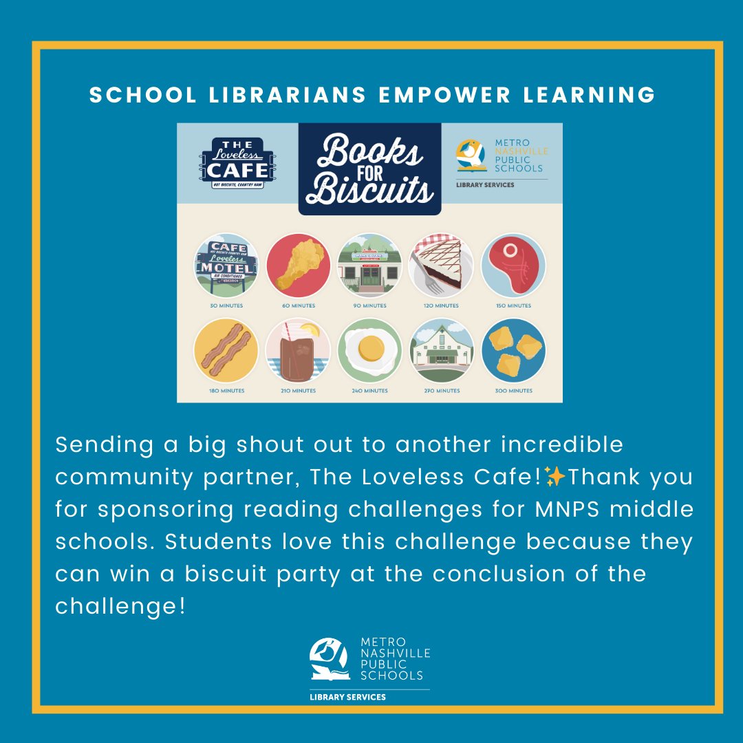Sending a big shout out to another incredible community partner, The Loveless Cafe!✨Thank you for sponsoring reading challenges for MNPS middle schools. Students love this challenge because they can win a biscuit party at the conclusion of the challenge! @LovelessCafe #SLM