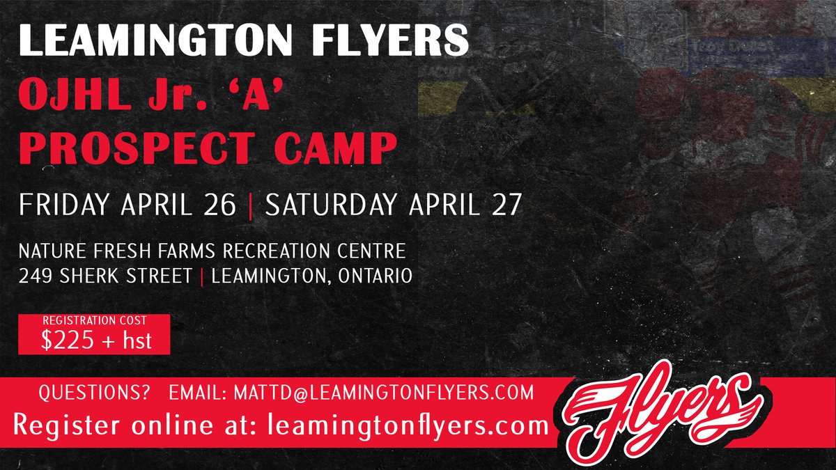 🚨🚨DID YOU HEAR?🚨🚨 We're excited to once again announce our prospect camp is coming SOON!! Hit the ice, showcase your skills and you could end up wearing a Flyers jersey. If you're interested in signing up email Matt or fill out the form below! shorturl.at/hGOPQ