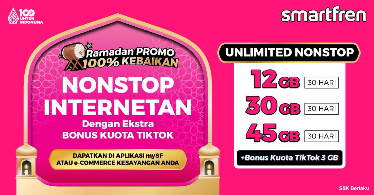 Puasa jadi makin nyaman karna bisa NONSTOP internetan + dapet ekstra bonus kuota TikTok 3GB! Beli paket UNLIMITED Nonstop 12GB, 30GB atau 45GB di aplikasi mySF, e-commerce kesayangan Kamu atau langsung klik campsite.bio/sftiktokramadan