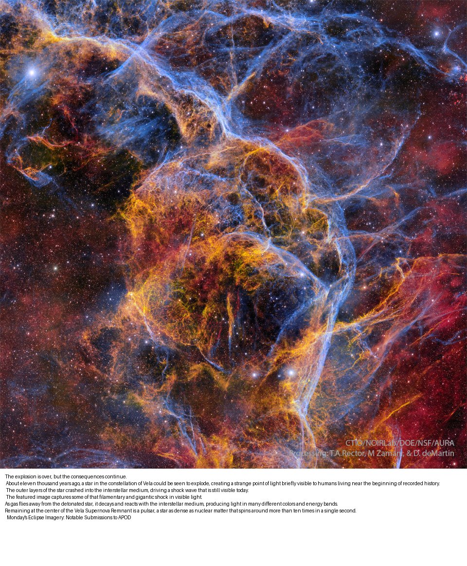 Check out today's Astronomy Picture of the Day:

Filaments of the Vela Supernova Remnant 
Image from @Aus10va's Nasa APOD web app & NASA API(aus10-io-nasaapod.streamlit.app) #recycleright #zerowaste #SustainabilityinAction