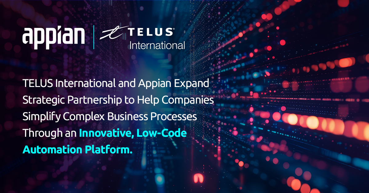 Appian's tweet photo. New Partnership announcement: Appian π€ @TELUSint
Through our partnership, @TELUSint is establishing a unified and AI-powered IT ecosystem to enhance mission-critical operations. Details: https://t.co/58tlFmwgKe
#AppianWorld #OrchestrateChange #ProcessAutomation https://t.co/IIXVTDoYRK