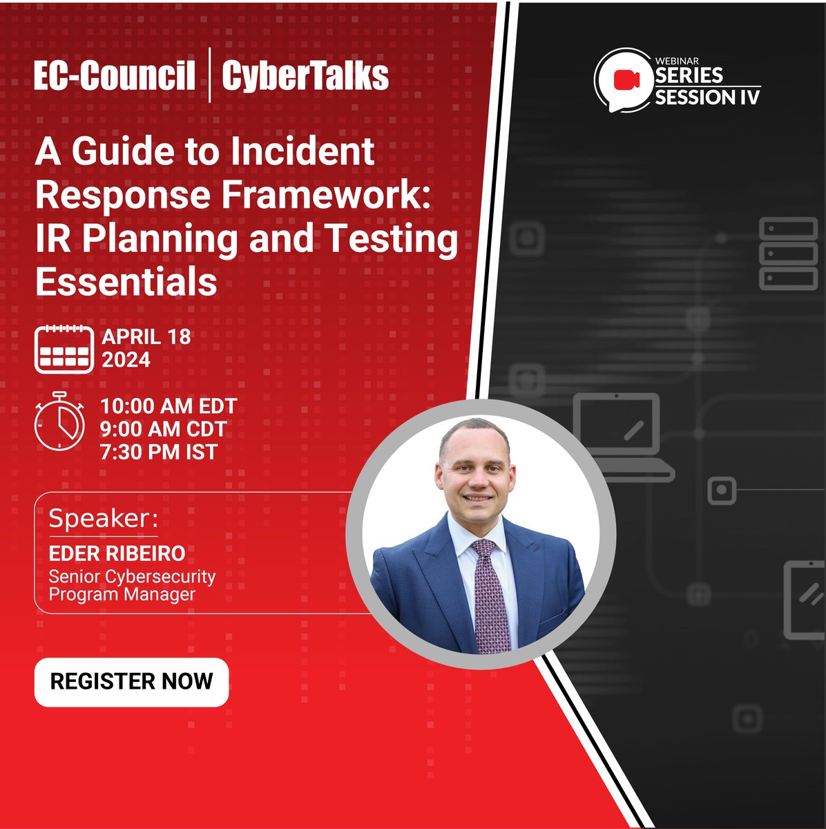 ECCOUNCIL's tweet image. 2 days left until our April 18th #Webinar! Eder Ribeiro will take you through the context of #VulnerabilityAssessment in developing an optimal #IncidentResponse framework. 

Register now: buff.ly/3PIHtrS  

#ECCouncil #Cybersecurity #ECIH #IRPlanning #PenTesting