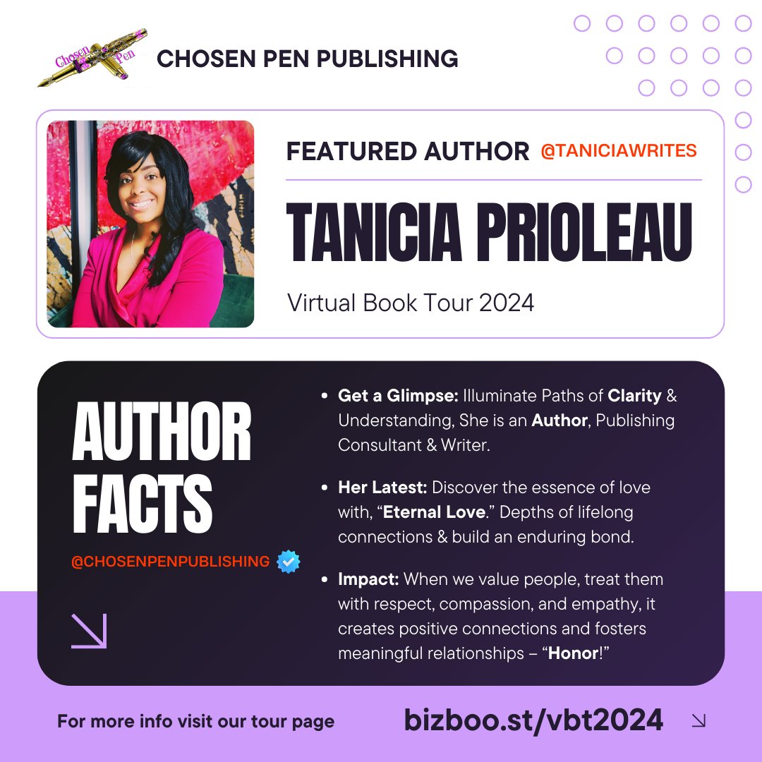 Get ready to dive deep into the world of love and connection with the amazing Tanicia Prioleau on a Virtual book tour!👇👇
Visit - bizboo.st/vbt2024

#VirtualBookTour  #BIZBoost  #Book #BookLoversUnite #authors #writers