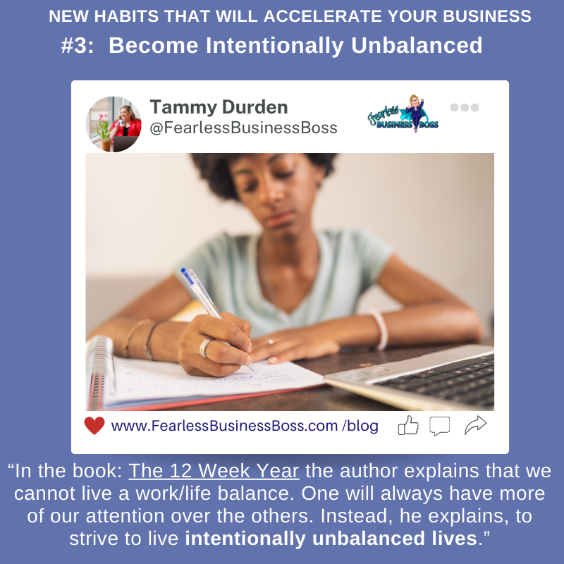 New Habits That Will Accelerate Your Business
#3: Become Intentionally Unbalanced
To learn more, please read at my blog -> bit.ly/3U5XjiO
#WomeninBusiness #DailyHabits #WomenEntrepreneurs #FearlessBusinessBoss #BusinessTips