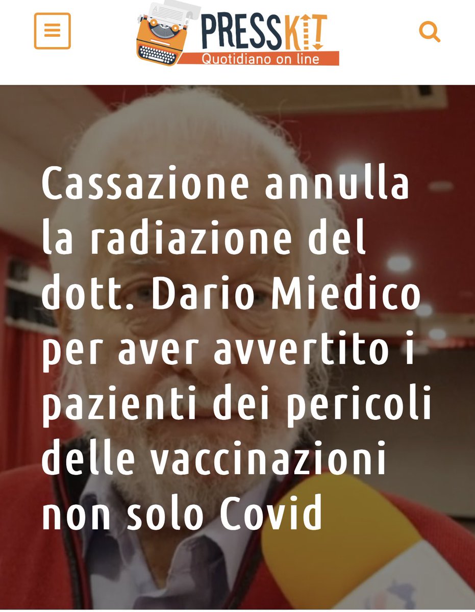 🔴🔴🔴 La Cassazione ha  annullato la radiazione di Dario Miedico, il medico colpito da sanzione disciplinare nel 2017 ad opera dell’Ordine dei medici di Milano e poi radiato ufficialmente dall’albo il 7-5-21 per aver denunciato i rischi delle vaccinazioni, non solo Covid.👇🏻👇🏻👇🏻