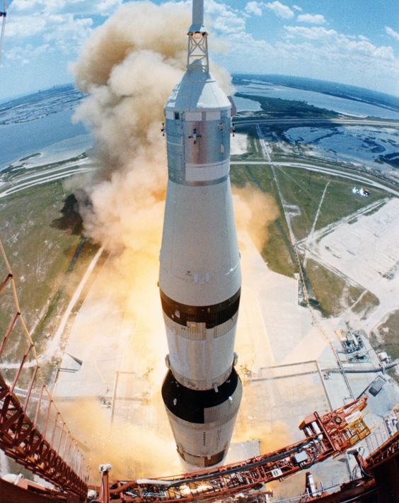 On this day 1972 - Launch of Apollo 16 This stunning photo taken from the launch tower shows the mighty Saturn V rocket taking astronauts John Young and Charlie Duke to become the 9th and 10th men to walk on the Moon. While Ken Mattingly will remain in lunar orbit #apollo16