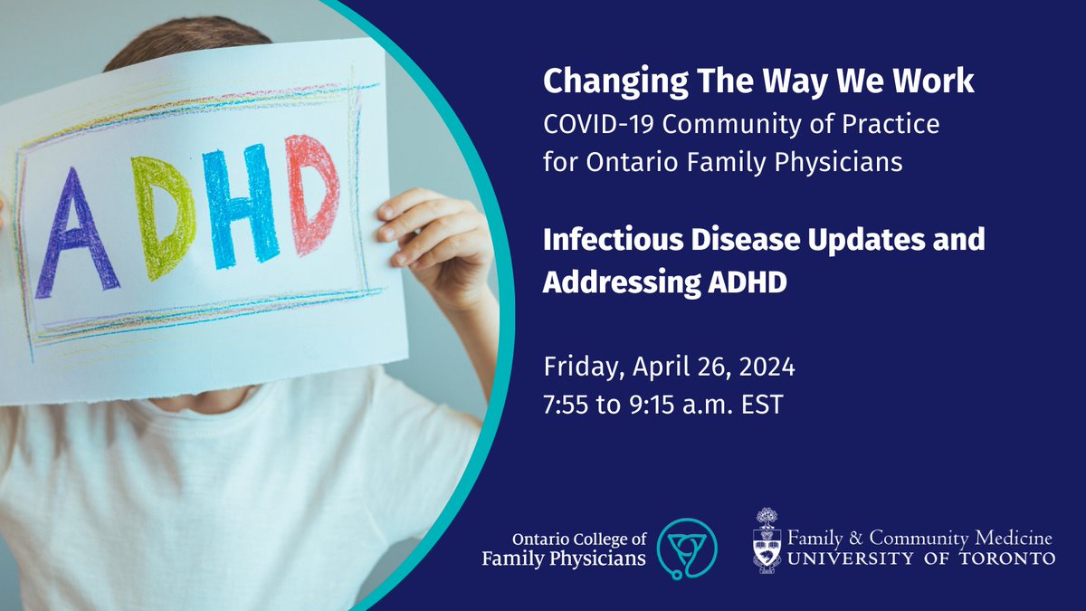 📢Join us on Friday, April 26 for our next CoP. We will discuss: ➡️ A brief overview on circulating infectious diseases ➡️ Practical approaches to diagnosing and supporting ADHD in your practice 👉Register: us02web.zoom.us/webinar/regist…