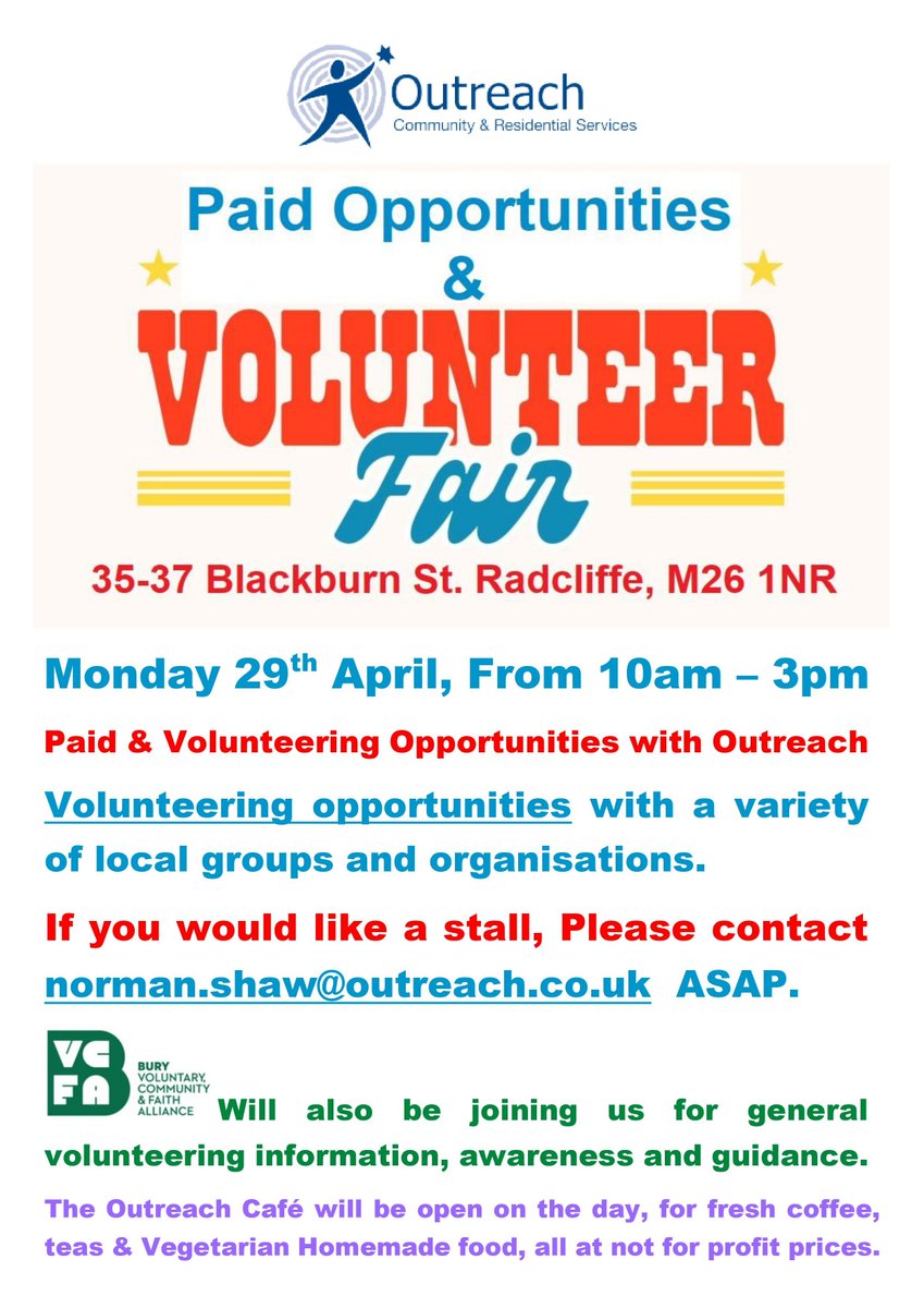 📢 Join us at Outreach Residential Services Volunteer Fair! 🗓️ Mon Apr 29, 10a –3pm Explore volunteering opportunities with local groups! We will provide info & support. Want a volunteer stall? contact norman.shaw@outreach.co.uk ASAP. Café open for coffee, tea & Homemade food