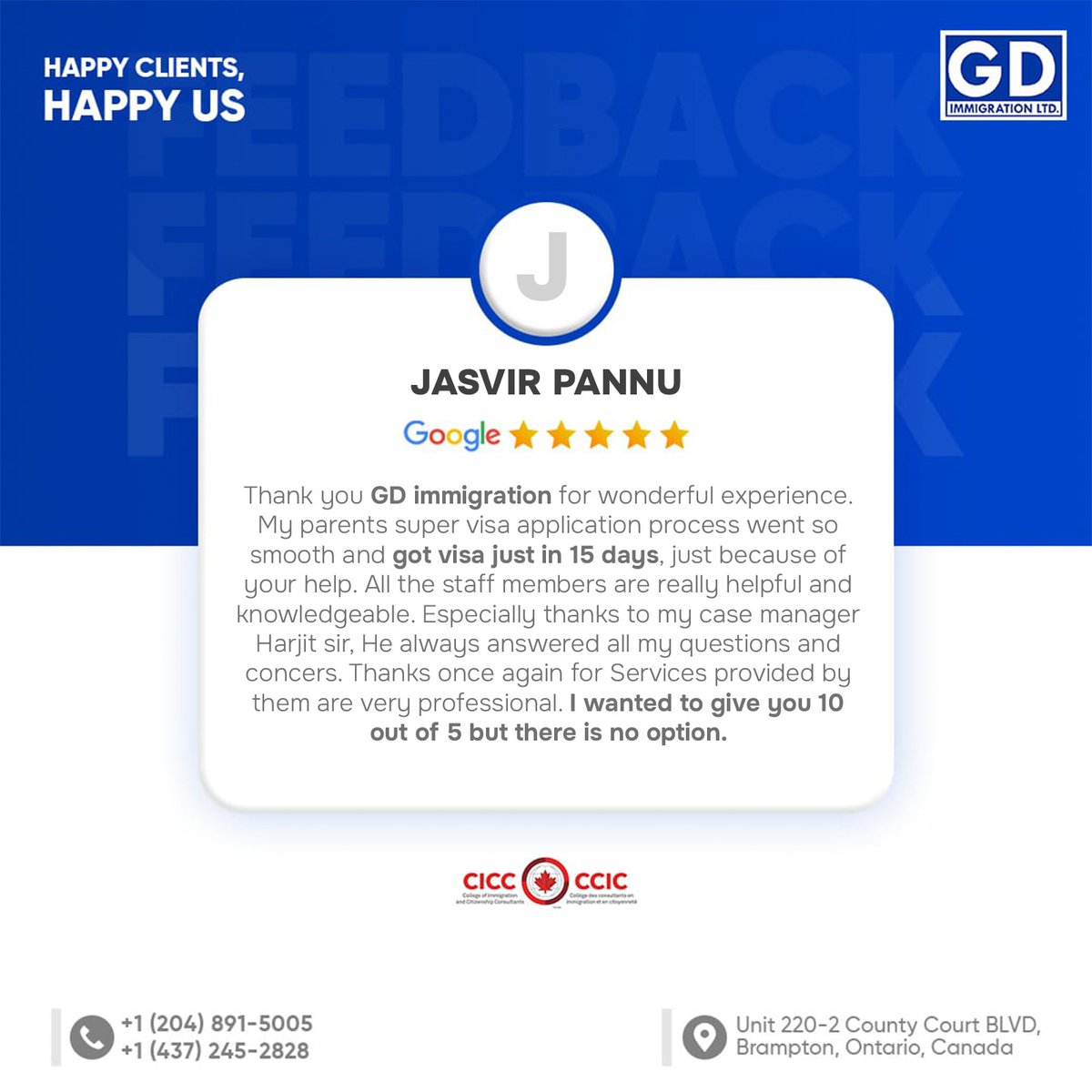 We're honored to receive such glowing feedback from Jasvir Pannu about their experience with GD Immigration!

#GDImmigration #Canada #GoogleReview #CanadaSuperVisa #Visa #exploreCanada #VisaApproval #ImmigrationConsultants #brampton #SuccessStory #Immigration #visa #punjab #india