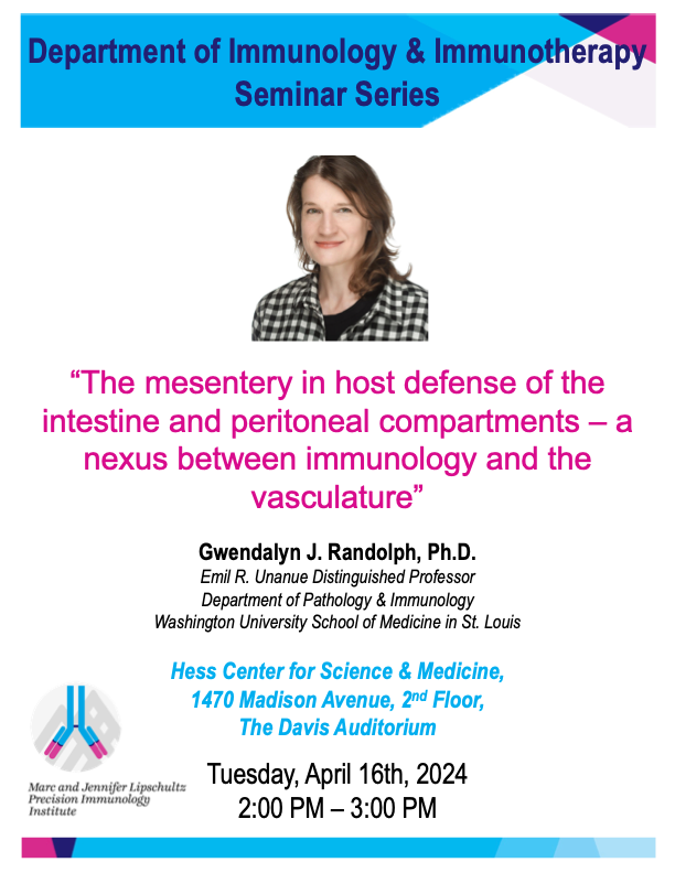 Delighted to welcome back! @GwenRandolph_ who will be presenting the Dept. of Immunology and Immunotherapy seminar today:
