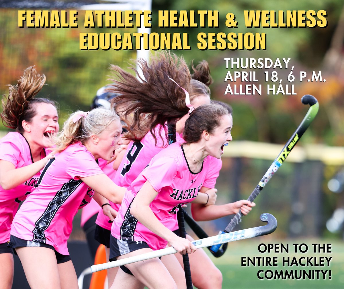 HackleySchool's tweet photo. Join us Thursday, April 18, at 6 p.m. in Allen Hall for a presentation by the Hospital for Special Surgery’s Women’s Sports Medicine Center all about being a female athlete! Open to the Hackley Community.
#HackleySchool #HackleyAthletics #HackleyStudentAthletes #HackleyHornets https://t.co/LOovlwZvh3