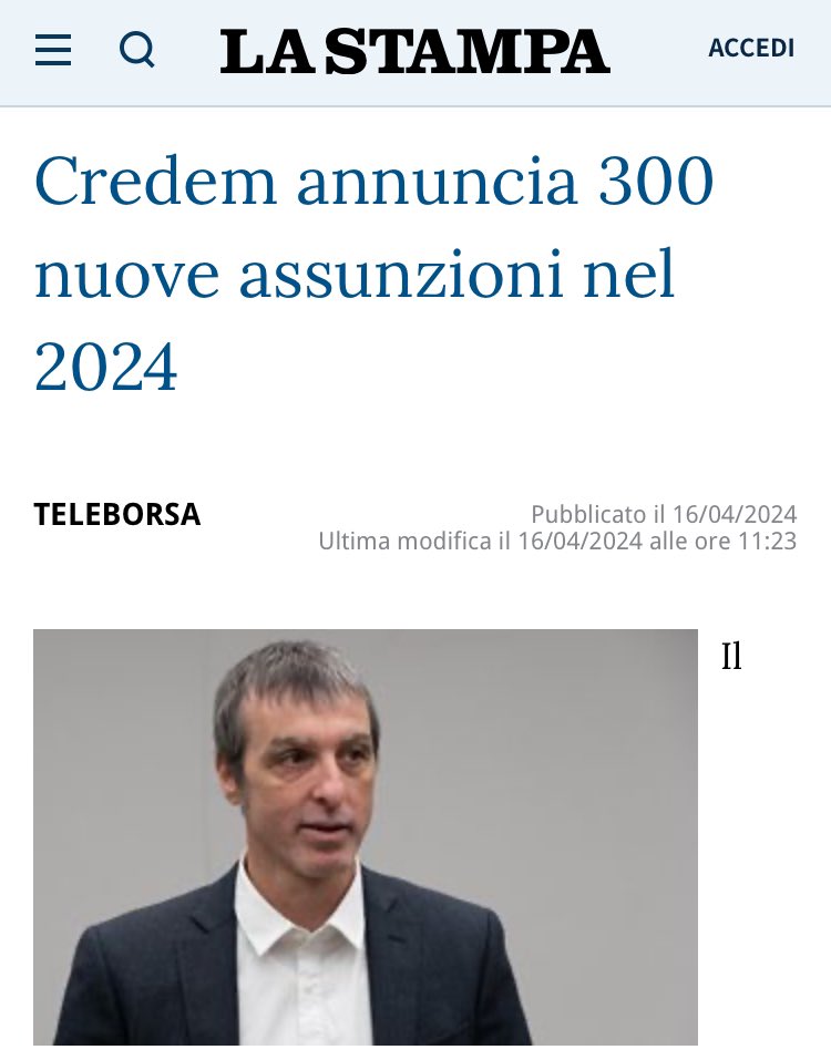 We are hiring … 😊

<a href="/credem/">Credem Banca</a> <a href="/CredemtelEventi/">Credemtel Eventi</a> #credembanca #gruppocredem <a href="/PierG/">PierG</a> 

▶️ finanza.lastampa.it/News/2024/04/1…