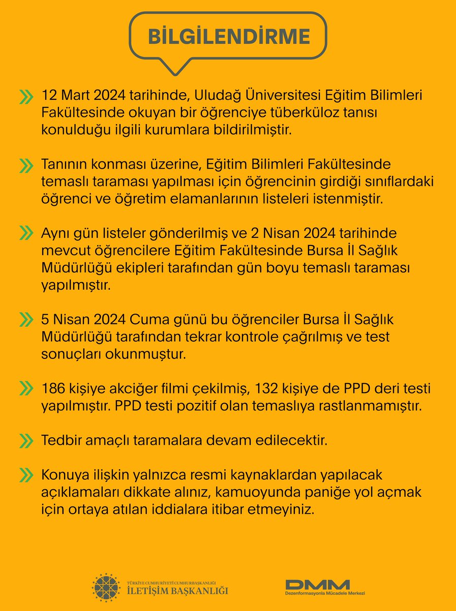 📌12 Mart 2024 tarihinde, Uludağ Üniversitesi Eğitim Bilimleri Fakültesinde okuyan bir öğrenciye tüberküloz tanısı konulduğu ilgili kurumlara bildirilmiştir. Tanının konması üzerine, Eğitim Bilimleri Fakültesinde temaslı taraması yapılması için öğrencinin girdiği sınıflardaki…