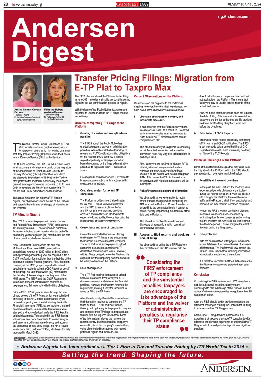 We are pleased to share our latest Publication, ‘Transfer Pricing Filings: Migration from E-TP Plat to Taxpro Max’ by Amaka Samuel-Onyeani  ACCA,ACA,ACTI , Partner and Folasayo Robert, Assistant Manager, Transfer Pricing Services.

ng.andersen.com/transfer-prici…

#TransferPricing