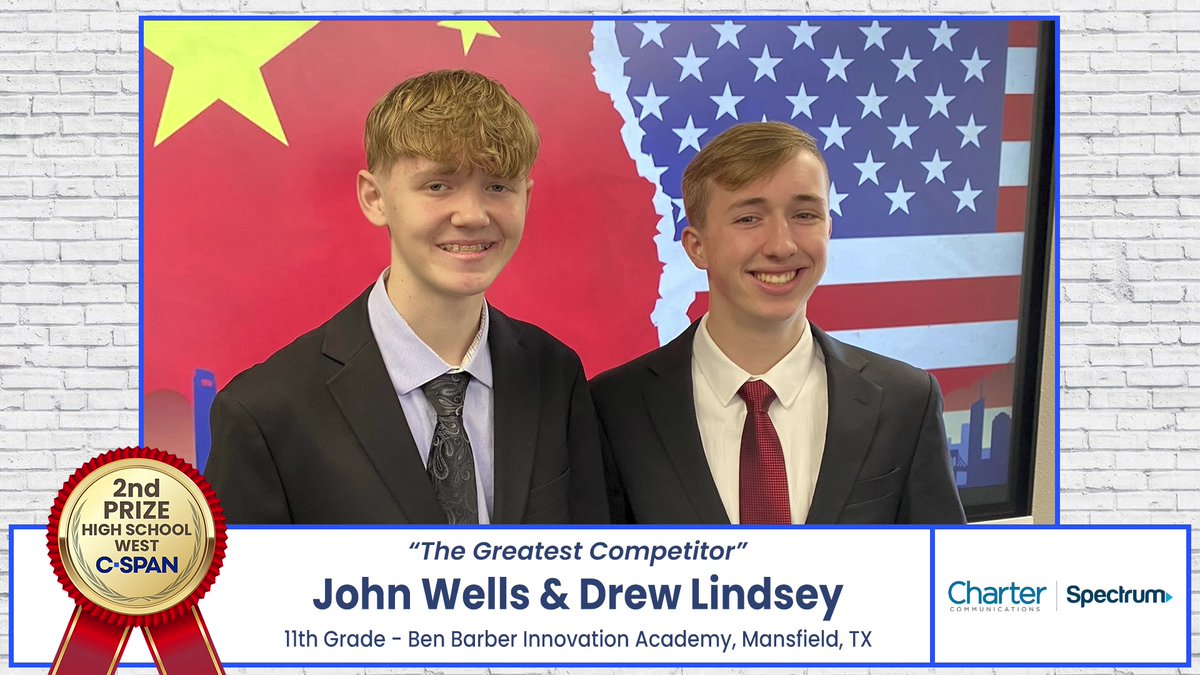 Congrats to Drew Lindsey & John Wells from Ben Barber Innovation Academy in Mansfield, Texas who won 2nd Prize for their documentary on the evolution of US-China relations, 'The Greatest Competitor.' It airs today on C-SPAN and you can watch it here: studentcam.org/2024-2ndPrize-…