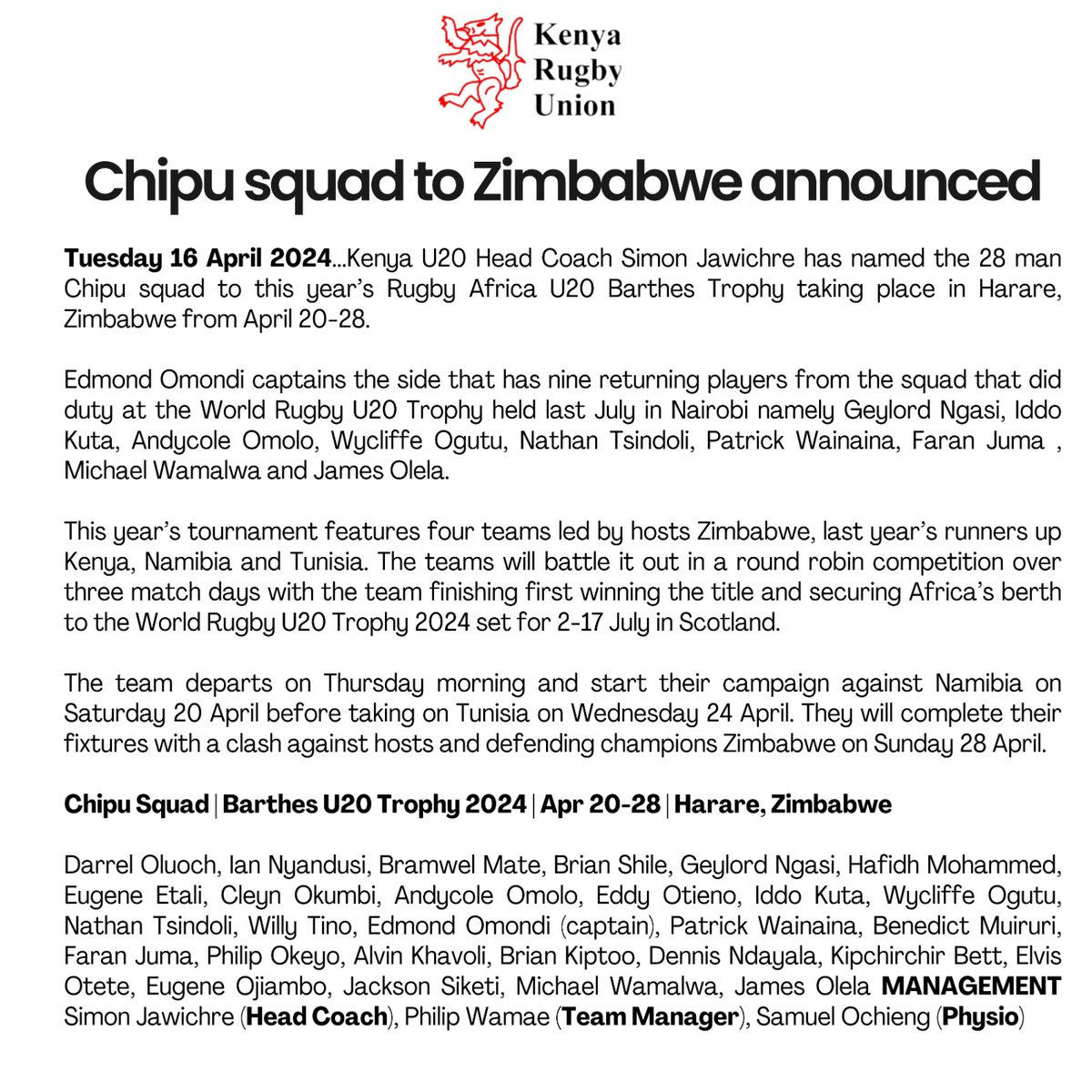 The Chipu squad to play in this year's U20 Barthes Trophy was named today in Nairobi.