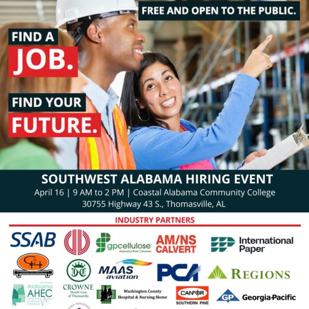 HIRING EVENT HAPPENING TODAY: Employers are eager to speak with jobseekers from 9 a.m. to 2 p.m. at Coastal Alabama Community College in Thomasville, Ala.