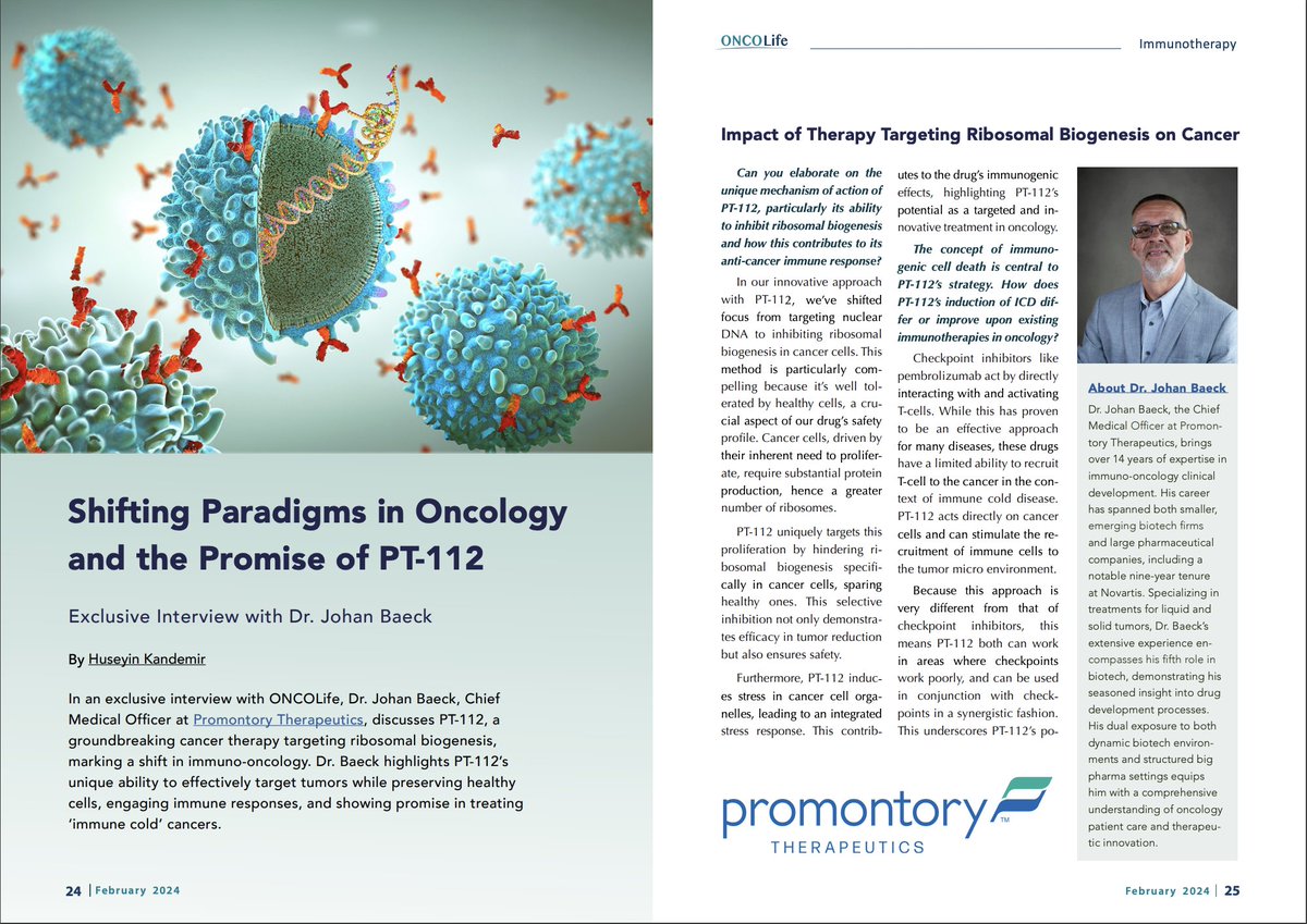 🔬 In an exclusive interview with #ONCOLife, Dr. Johan Baeck, unveils insights into #PT112, a pioneering #cancer therapy. This innovative treatment targets #ribosomal biogenesis, representing a significant shift in the landscape of #immunooncology.
 healthandpharma.net/johan-baeck-pa…