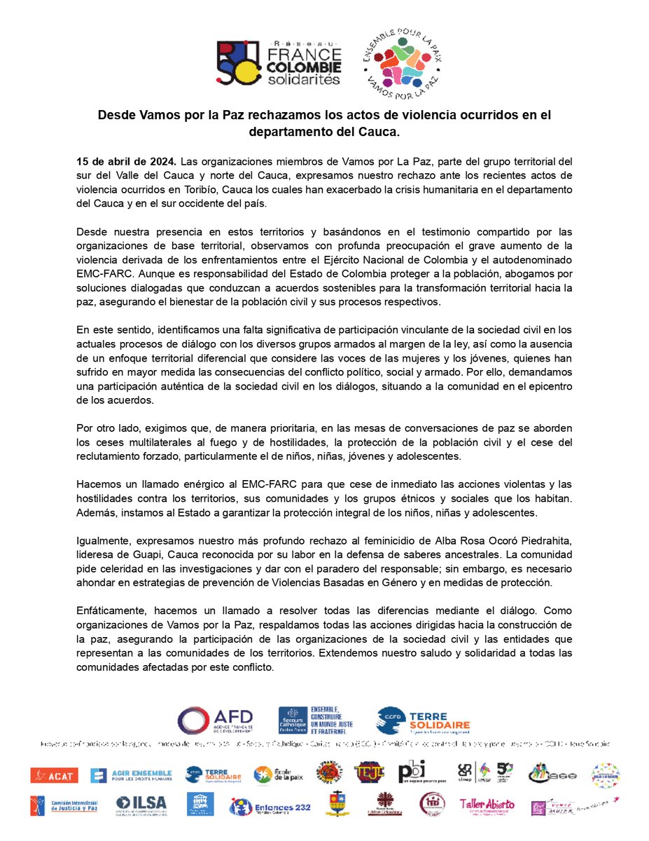 #Comunicado ll Desde <a href="/VamosPaz/">Vamos por la paz - Ensemble pour la paix Colombie</a> rechazamos los actos de violencia en el Cauca. Hacemos un llamado a encontrar soluciones dialogadas que protejan a la población civil. 

👉Es hora de priorizar el diálogo y la participación ciudadana para construir una paz duradera.