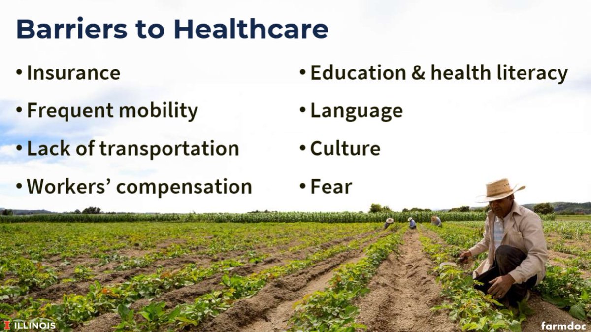 There are a number of barriers that U.S. hired farmworkers face to receive #healthcare, including lack of #insurance, #language barriers and education and health literacy, among others.

From today's 'Farmworker Safety and Health' webinar.