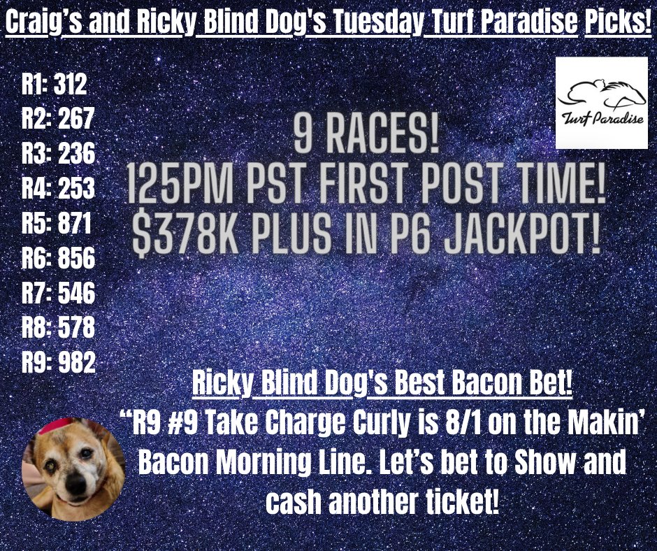 9 great races today and we will look forward to you joining us for a 125PM PST Post Time!