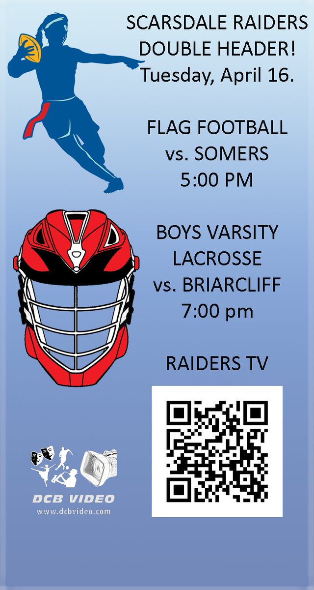 Scarsdale Raiders Double Header LIVE!  Girls Flag Football vs. Somers at 5:00, Boys Lacrosse at 7:00, today on Raiders-TV, vimeo.com/event/1962446.

@ScarsdaleRaider  @Scarsdalelax  @TuskerAthletics  @BCliffBears  @BCliffLax  @shsgvflagftball  @KDJmedia1  @sportwritertodd