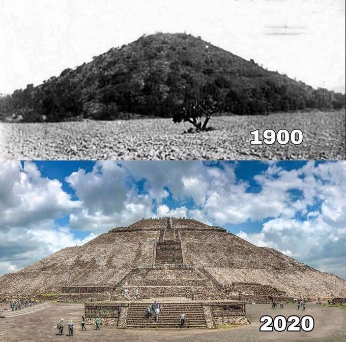 This is the Teotihuacan pyramid of the Sun before the excavations at the beginning of the XX century vs now. A simple hill covered by bushes and trees.