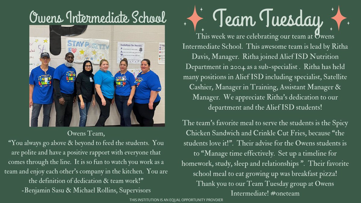 Help us celebrate our #teamtuesday group from @OwensInt!!!  Thank you team for your dedication to the Alief ISD students!  #OneTeam #aliefproud