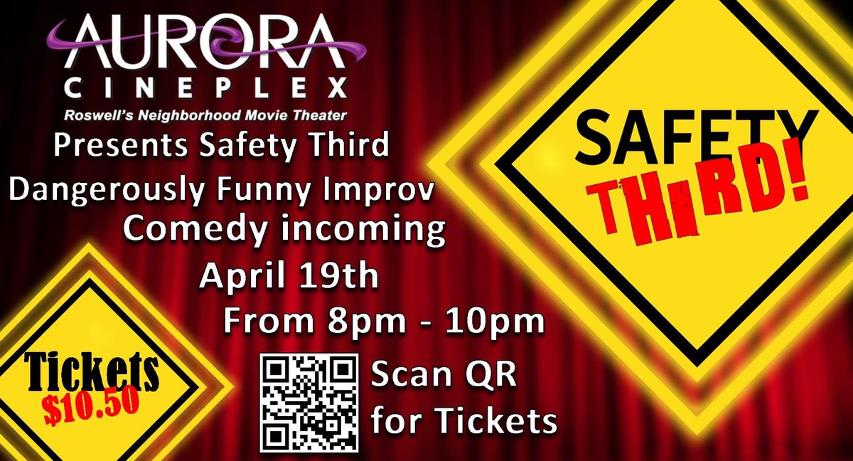 LIVE COMEDY IMPROV at 
#AuroraCineplex 
by #SafetyThirdImprov 
Fri April 19th from 8:00pm--10pm
**18 and older

$ 10.50 --TICKETS-
tinyurl.com/33mhfyr8

safetythirdimprov.com

Follow at: linktr.ee/auroracineplex

#Comedy #Improv  #ImprovComedy    #RoswellGA #VisitRoswellGA