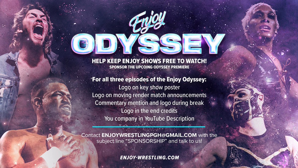 EnjoyWrestle's tweet photo. The Odyssey premieres on YouTube next week!

Want to expose your brand to a new audience? Consider becoming a series sponsor!

$200 gets your logo on advertisements, shoutouts by @RichBocchini and @itsvedatime, and more!

Send us a DM for more details.

#EnjoyOdyssey https://t.co/77h6oeRxJO