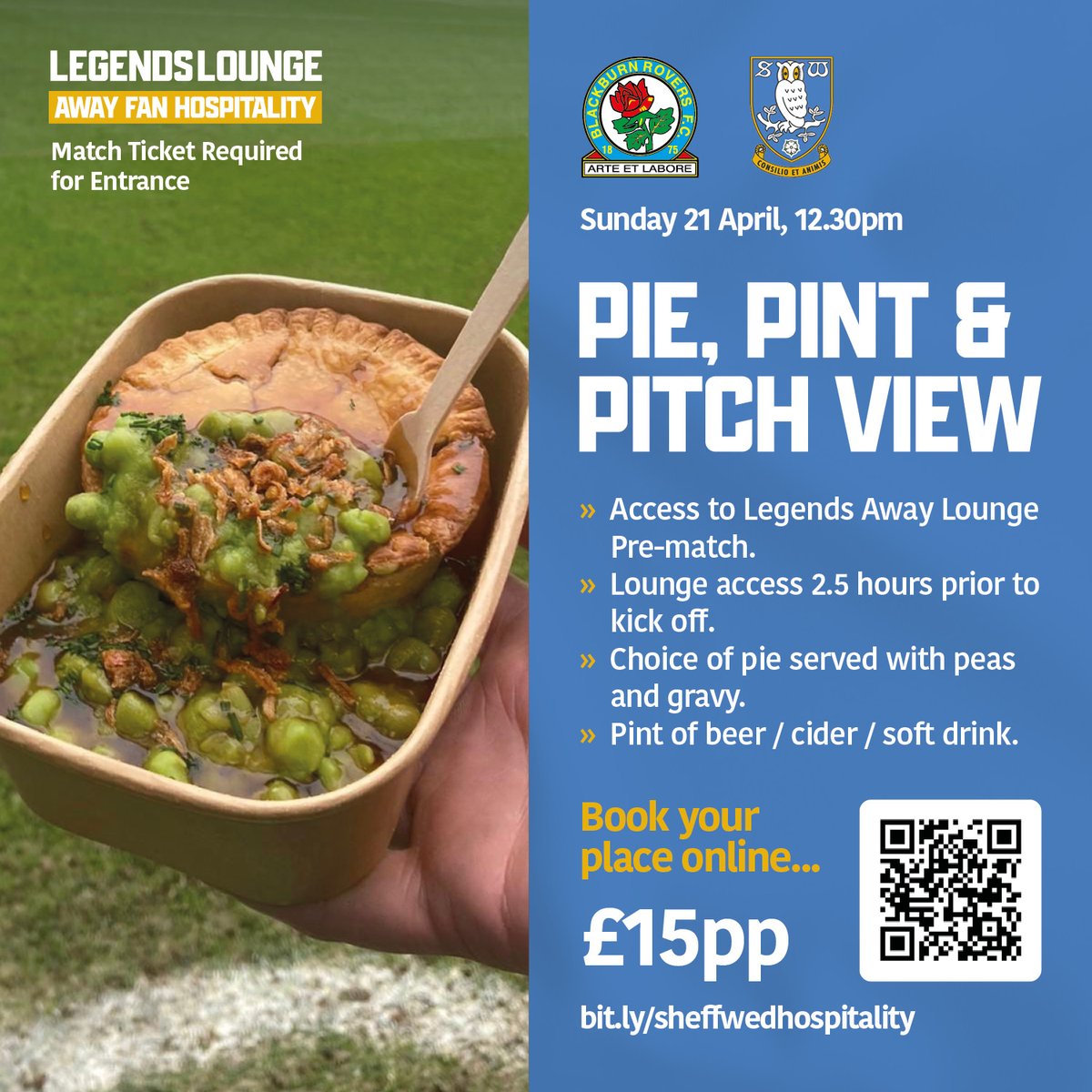 🥧🍺 @swfc supporters attending Sunday's game can upgrade to Away Fan Hospitality in the Legends Lounge for £15.

Offer includes access to the lounge 2½ hours before kick-off with pie, peas and gravy + a choice of drink.

🔗 Book Now: bit.ly/sheffwedhospit…

#Rovers 🔵⚪️