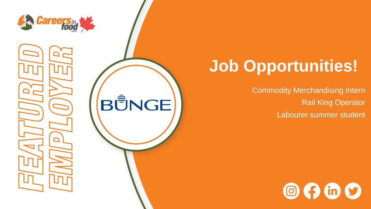 .@Bunge is a world leader in sourcing, processing and supplying oilseed and grain products and ingredients.

To read more or apply to Bunge positions, click here: ow.ly/bHf150Rh11S

#CareersInFood #jobs