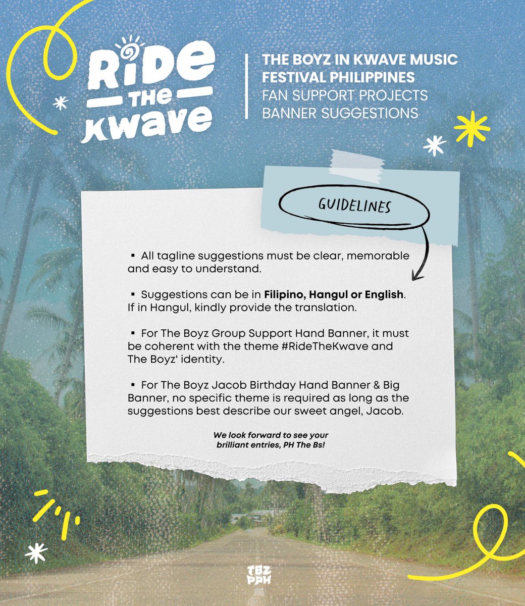 Get ready to create epic summer memories with The Boyz at KWAVE Music Festival!

Submit your tagline now &amp; be part of the wave of excitement! 🌞🏄‍♂️

Tagline Suggestion Form: bit.ly/kwave-tagline
📅 04.16 - 04.18 (10 PM)

#더보이즈 #ManilaBoyzAreBack
#KWAVEPH #KWAVEMusicFestival
