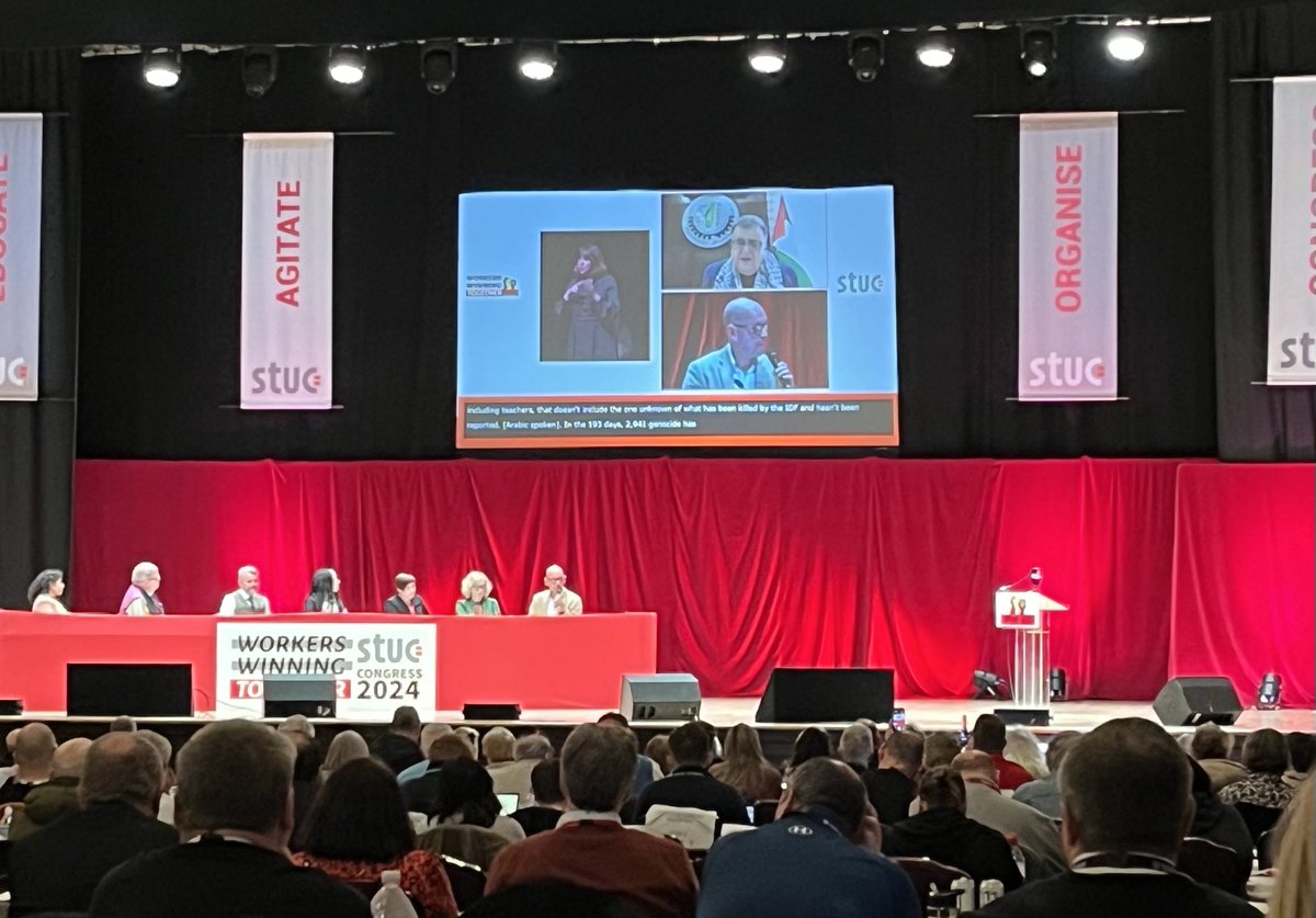 STUC Congress is now hearing from Shaher Saed, General Secretary of the Palestine General Federation of Trade Unions. He’s outlining the horrific loss of life and destruction experienced in #Gaza #STUC24 🇵🇸