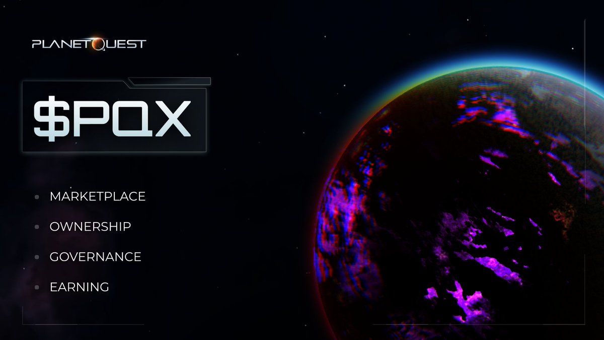 The $PQX token powers the entire PlanetQuest ecosystem⚡️ Whether you're buying gear for your next space mission or trading rare items with allies, $PQX is your means to thrive and progress in the game! 💫 Use $PQX to: 🔸Trade and own in-game assets in the Marketplace. 🔸Buy