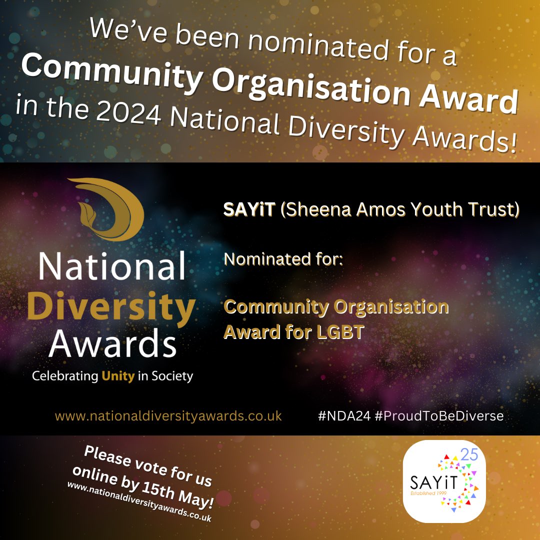 SAYiT has been nominated in the 2024 National Diversity Awards! 🌈 Community Organisation for LGBT Award 🏆 🗳️ Please vote for us by 15th May! 🏳️‍🌈 nationaldiversityawards.co.uk/awards-2024/no… #NDA24 #ProudToBeDiverse