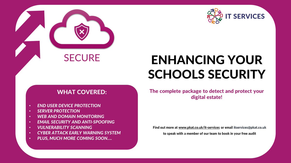 PKAT_ITServices's tweet photo. 🔐As part of our commitment to ensuring schools are protected when using digital technology, we our pleased to launch our new product EduCloud Secure.

Covering everything from user devices protection to providing early warnings of a possible cyber incident and much more. https://t.co/Aqj5MlA0mA
