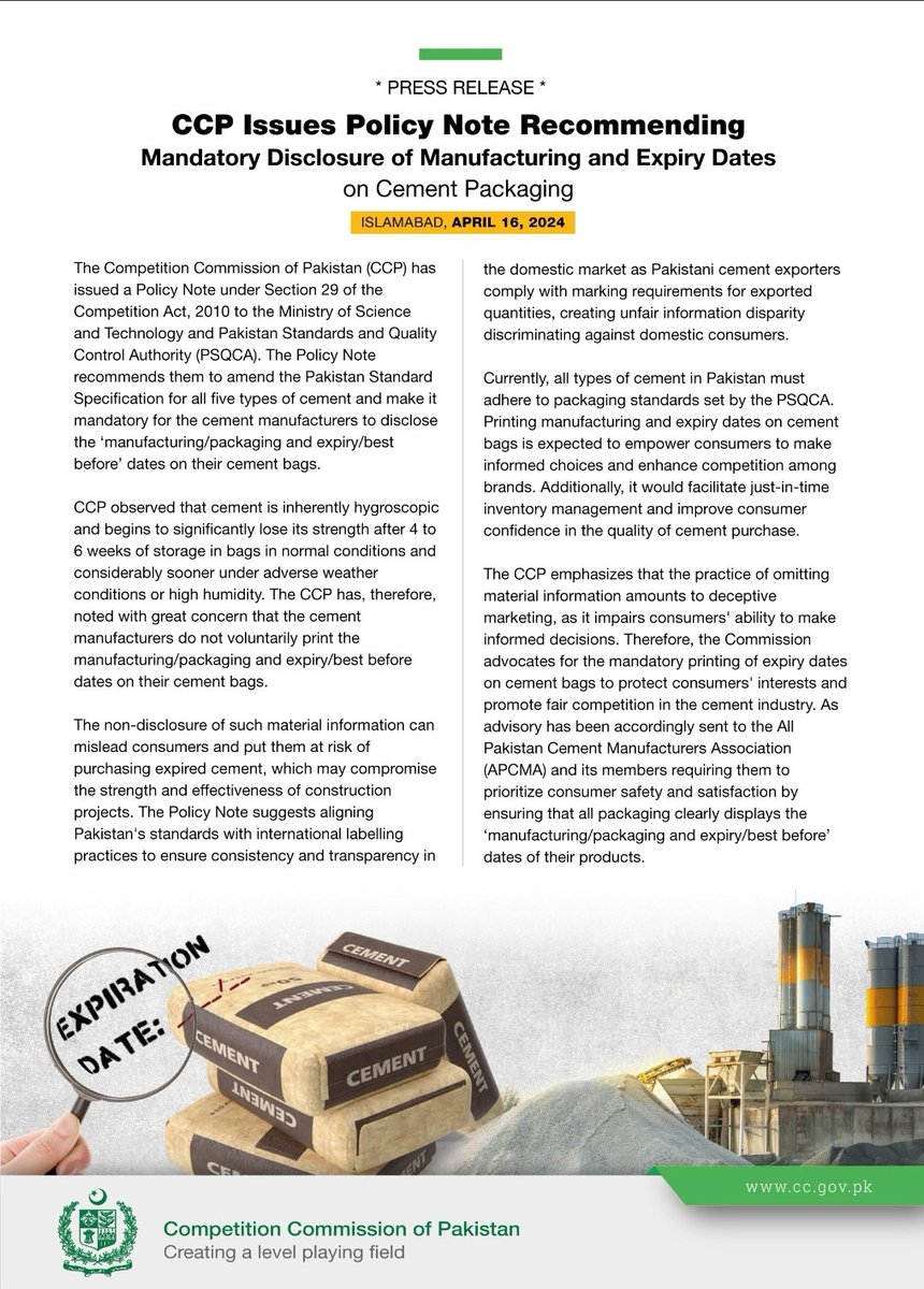CCP_Pakistan's tweet photo. CCP has issued a Policy Note recommending mandatory disclosure of manufacturing and expiry dates on cement packaging.
#CCP #Pakistan #CompetitionCommissionPakistan #ConsumerWelfare #FairCompetition #FairPlay https://t.co/LcG2lQjpYB